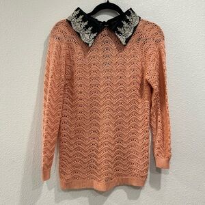 Retro Handmade Soft Touch Knit Peach Sweater Embroidered Collar Keyhole Small